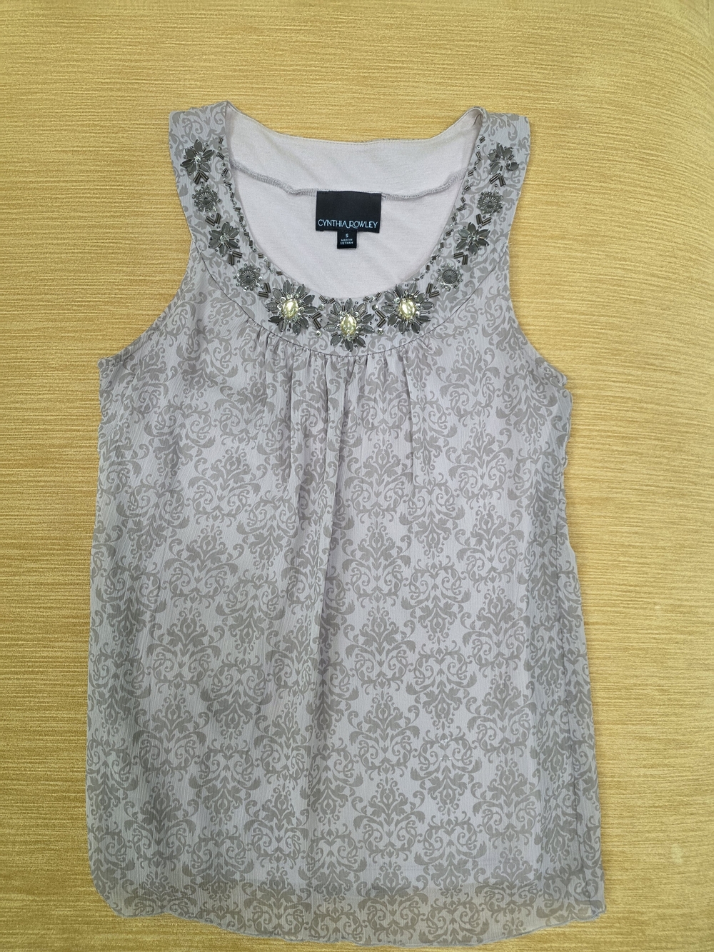 Cynthia Rowley Cream Beige Printed Embellished Sleeveless Blouse